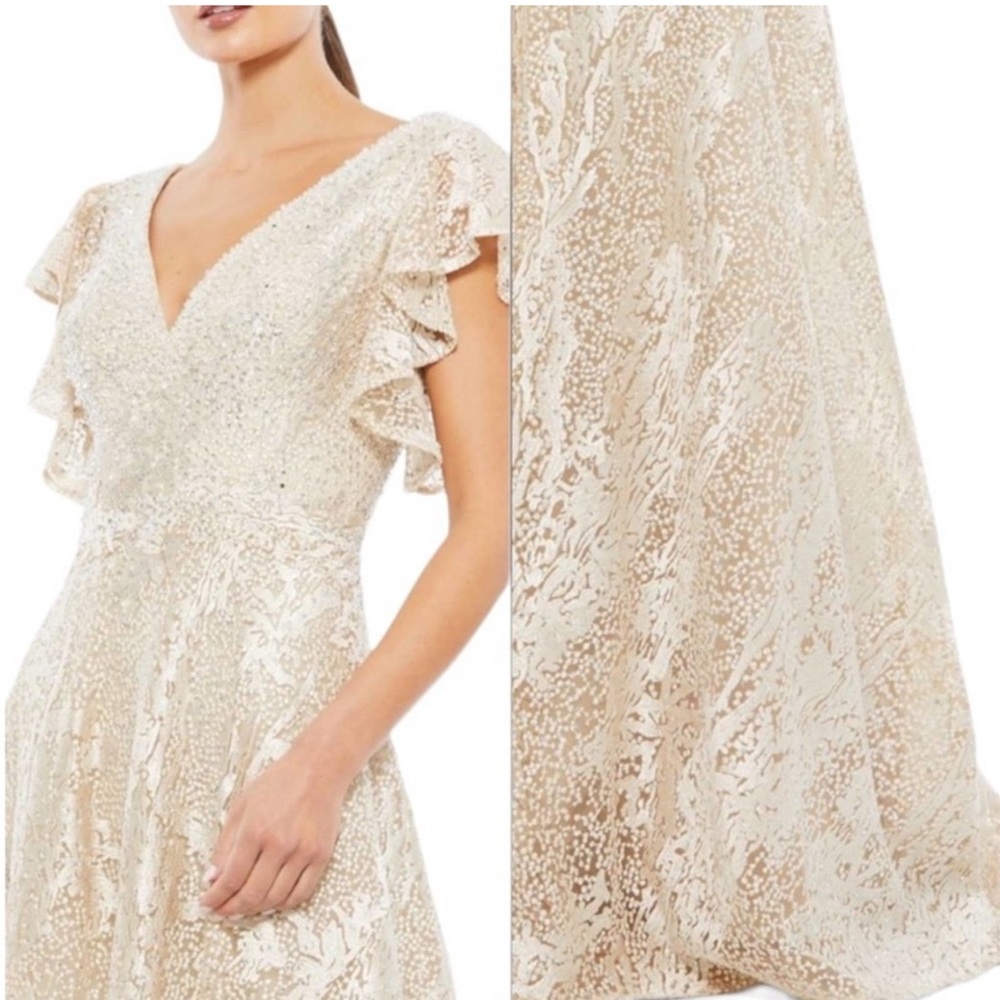 NWT Mac Duggal V-Neck Embellished Beaded Sequin Ivory Champagne Maxi Dress Gown